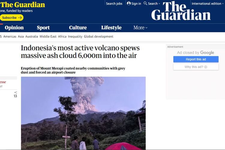 Letusan Merapi, Selasa (3/3/2020) tarik perhatian sejumlah media internasional, salah satunya The Guardian.