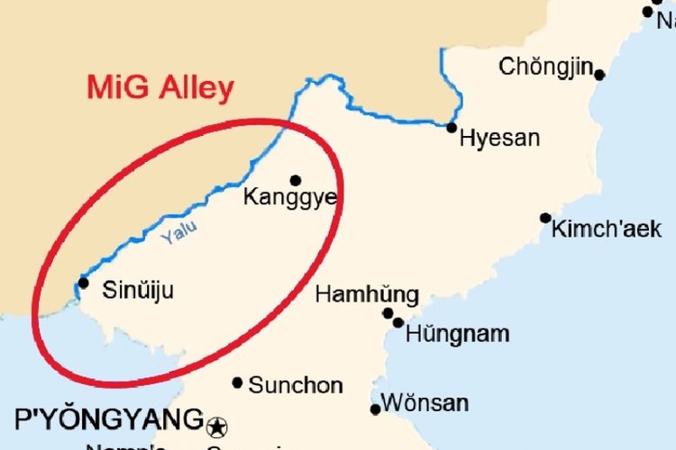 Peta ini menunjukkan wilayah yang disebut Mig Alley, tempat jet-jet F-86 Sabre dan MiG-15 kerap bertempur selama Perang Korea.