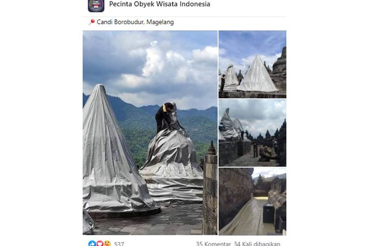 Tangkapan layar unggahan bernarasikan Candi Borobudur ditutup menggunakan terpal sebagai antisipasi erupsi Gunung Merapi.