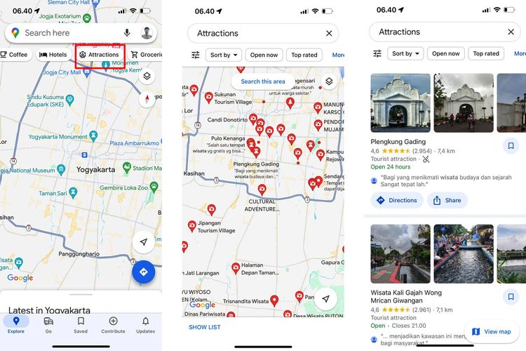 Ilustrasi cara mencari tempat wisata terdekat dengan Google Maps.