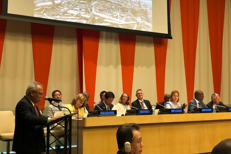 Menteri PUPR Basuki Hadimuljono saat memberikan sambutan pada pertemuan 4th UN Special Thematic Session on Water and Disasters di Markas PBB, New York, Senin (24/6/2019). 