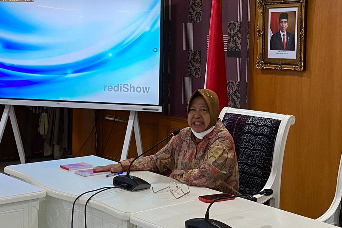 Menteri Sosial (Mensos) Tri Rismaharini menjelaskan penggeledahan KPK di Kementerian Sosial (Kemensos). Penjelasan disampaikan dalam konferensi pers  di kantor Kemensos, Jakarta Pusat, Rabu (24/5/2023).