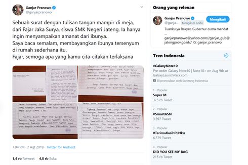 Ganjar Unggah Surat dari Siswa SMK di Medsos, Netizen Terharu 