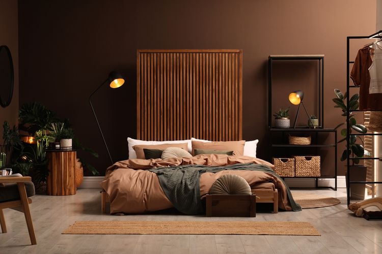 Ilustrasi kamar tidur dengan nuansa atau warna coklat.
