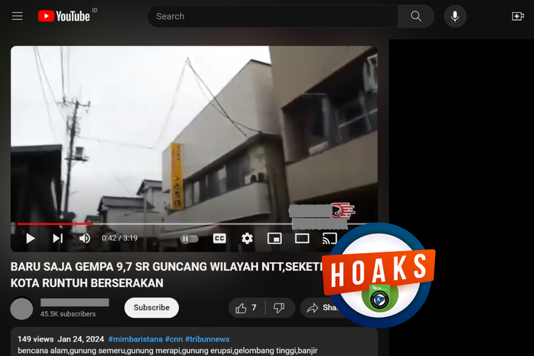 Tangkapan layar konten hoaks di sebuah kanal YouTube, Rabu (24/1/2024), soal gempa bumi 9,7 SR di NTT.