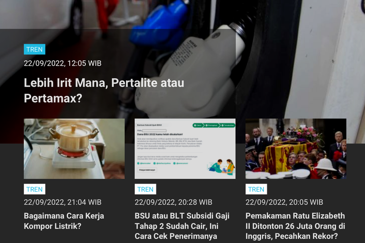 Berita terpopuler Tren hingga Jumat (23/9/2022) pagi, salah satunya soal irit mana Pertalite atau Pertamax?