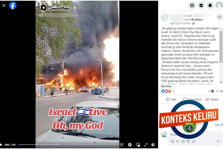 Tangkapan layar narasi hoaks di sebuah akun Facebook, Sabtu (20/4/2024),  gedung terbakar di Israel akibat serangan Iran.