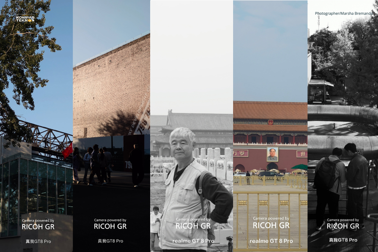 Lima tone klasik khas kamera Ricoh GR yang kini hadir di ponsel Realme GT 8 Pro. Dari kiri ke kanan, tone Standard, Positive Film, BW Monotone,  Negative Film, dan High Contrast BW. 
