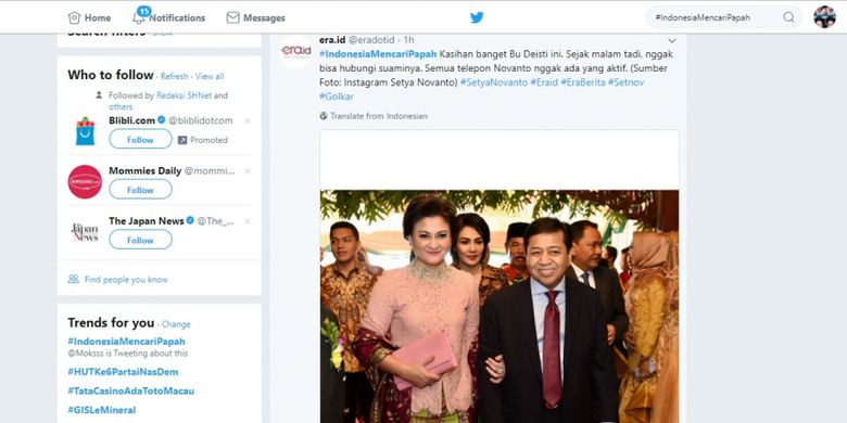 Tagar #IndonesiaMencariPapa menjadi trending topic di Twitter karena Ketua DPR Setya Novanto dikabarkan tidak diketahui keberadaannya setelah petugas KPK menyambangi rumahnya pada Rabu (15/11/2017) malam.