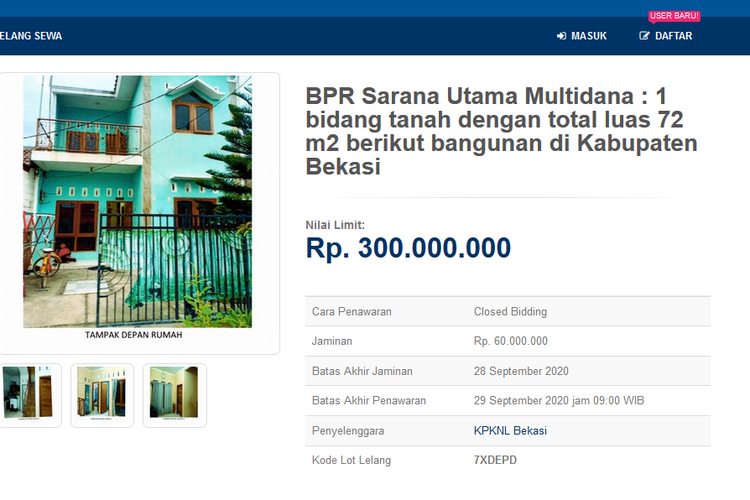 Rumah 2 lantai yang akan dilelang di Kabupaten Bekasi. (Tangkapan layar dari lelang.go.id) 