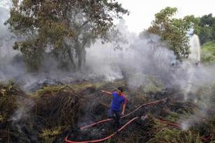 Petugas pemadam kebakaran menyemprotkan air untuk memadamkan kebakaran hutan di Pekanbaru, Riau, 21 Juni 2013. Presiden Susilo Bambang Yudhoyono, atas nama Pemerintah Indonesia, meminta maaf kepada negara-negara yang terkena imbas atas asap Riau.