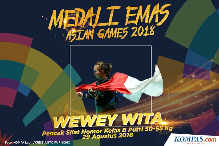 Atlet pencak silat putri Indonesia, Wewey Wita meraih medali emas pada partai final kelas B putri 50 kg sampai 55 kg Asian Games 2018 di Padepokan Pencak Silat, TMII, Jakarta, Rabu (29/8/2018)