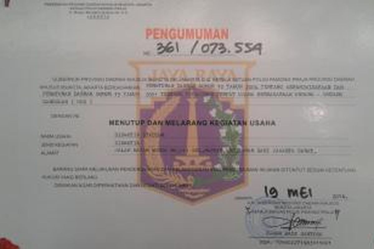 Surat keputusan penutupan dan pelarangan beroperasi Diskotek Stadium oleh Pemprov DKI Jakarta.