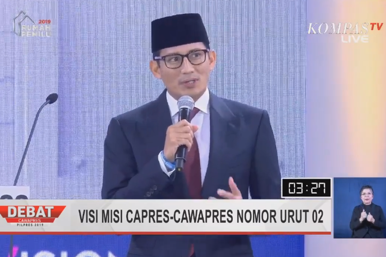 Cawapres nomor urut 02 Sandiaga Uno saat debat ketiga Pilpres 2019