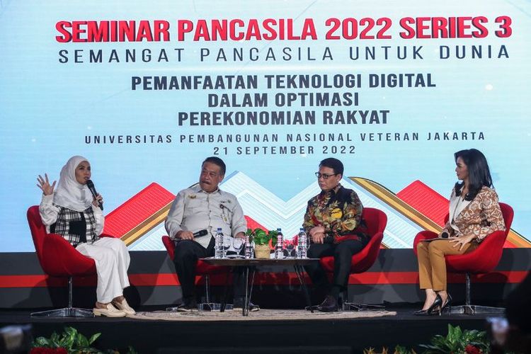Seminar Pancasila 2022 edisi ketiga dengan tema ''Pemanfaatan Teknologi Digital untuk Optimasi Perekonomian Rakyat'' di Universitas Pembangunan Nasional Veteran Jakarta (UPNVJ), Pondok Labu, Jakarta Selatan, Rabu (21/9/2022).

