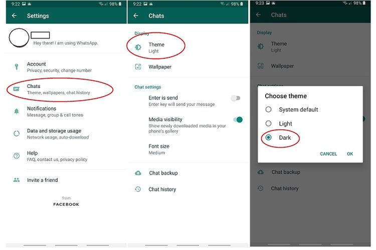 Cara mengubah tema gelap pada WhatsApp versi beta.