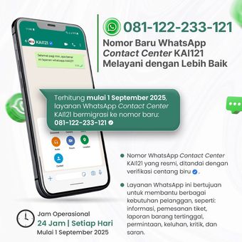 Layanan contact center WhatsApp KAI berganti nomor mulai 1 September 2025. Nomor WhatsApp resmi KAI, nomor resmi WhatsApp KAI, nomor WA KAI.