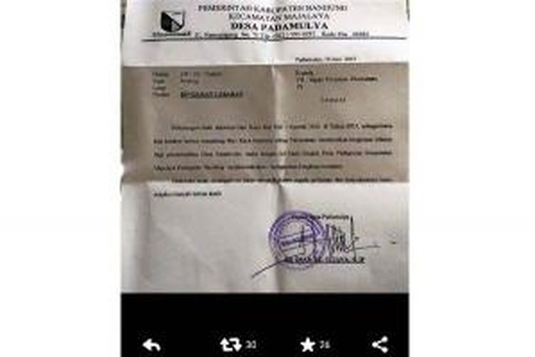 Surat edaran permohonan bingkisan lebaran yang dikeluarkan Pemerintah Desa Padamulya, Kecamatan Majalaya, Kabupaten Bandung, Jawa Barat. Surat ini beredar di media sosial. 