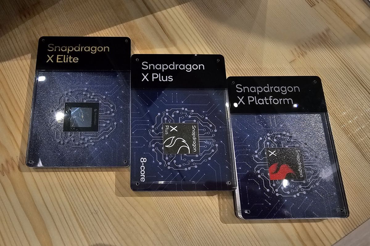 Ilustrasi trio chip prosesor Qualcomm Snapdragon X Elite, X Plus, dan X.