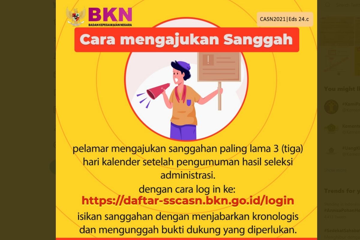 Tangkapan layar cara mengajukan sanggahan hasil seleksi administrasi CPNS 2021.