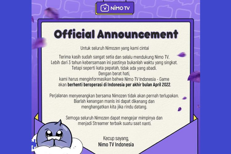 Tangkapan layar pengumuman Nimo TV atas penutupan kanal gaming di Indonesia per akhir April 2022.
