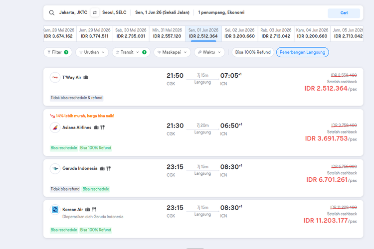 Harga tiket pesawat Jakarta-Seoul pada 1 Juni 2026 via OTA Tiket.com.