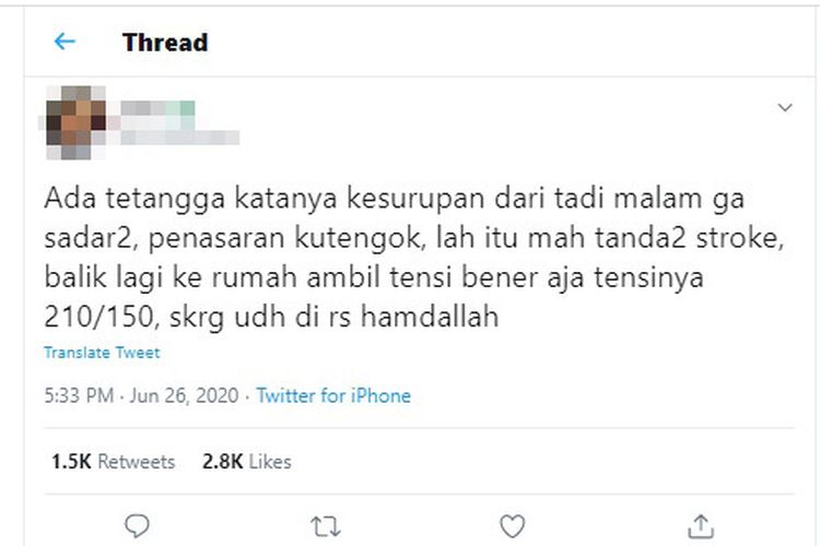 Tangkapan layar di Twitter terkait unggahan gejala stroke yang dikira kesurupan.