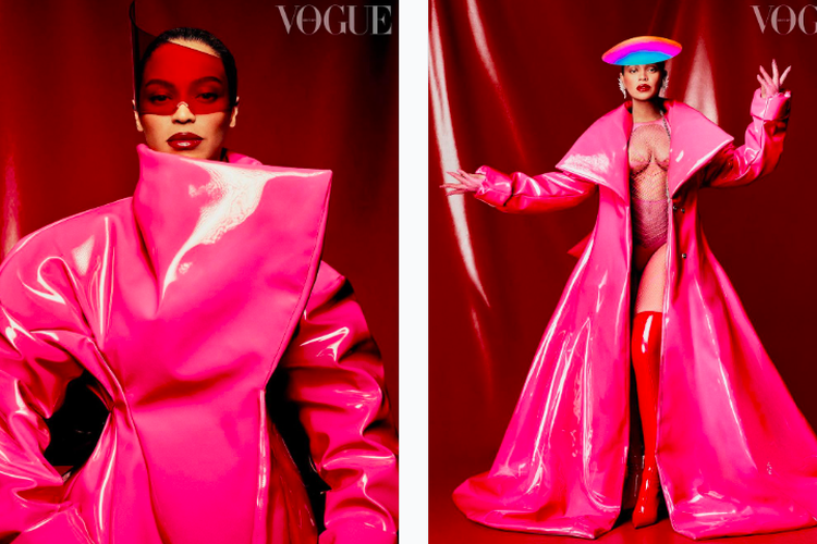 Beyonce di cover majalah Vogue edisi Juli 2022.Beyonce mewujudkan gaya campy-nya dengan balutan latex trench pink yang menjuntai, fishnet bodysuit dan sepatu bot high knee boots berwarna merah. 