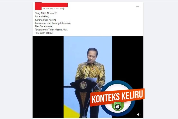 Tangkapan layar Facebook narasi yang mengeklaim Jokowi mengatakan berhati-hati memilih capres nomor urut 2