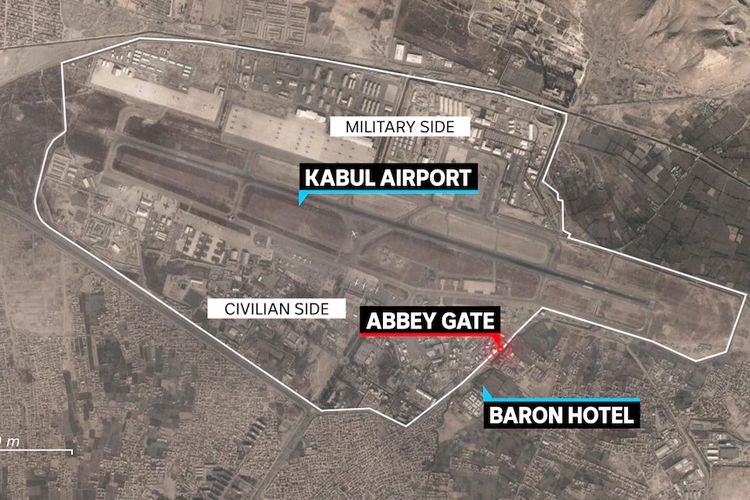 Lokasi dua serangan bom bunuh diri di luar area Bandara Kabul.