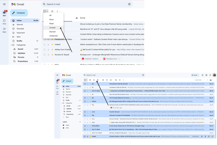 Ilustrasi hapus email yang tidak terbaca di Gmail