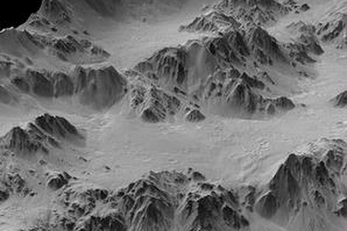 Colossal: This ice formation is a portion of the wall terraces of the Mojave Crater on Mars. It has barely suffered any erosion so offers scientists a tantalising glimpse of what a very large complex crater looks like  