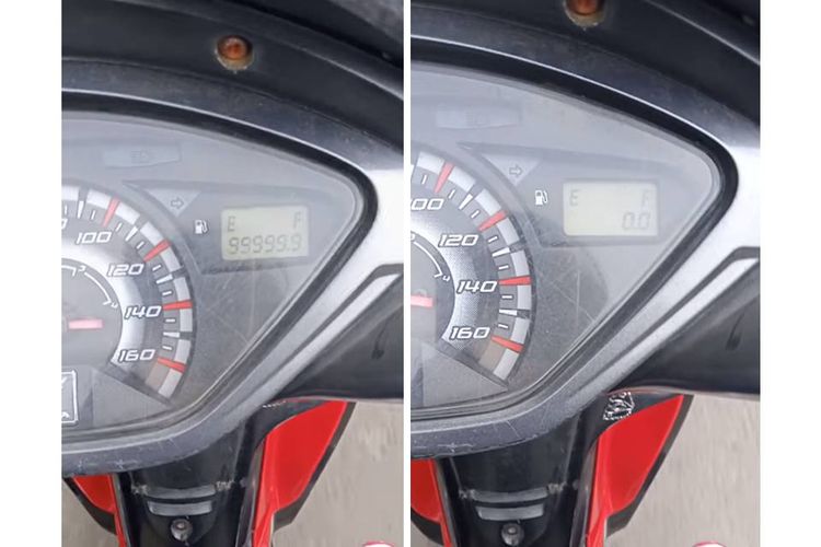 Tangkapan layar video yang menampilkan alat penunjuk jarak tempuh di kendaraan bermotor atau odometer telah mencapai maksimal.