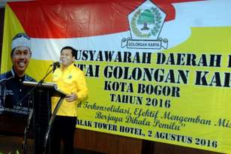 Ketua Umum Partai Golkar Setya Novanto saat memberikan sambutannya dalam Musyawarah Daerah DPD Partai Golkar Kota Bogor, di Hotel Salak Tower, Bogor, Jawa Barat, Selasa (2/8/2016).