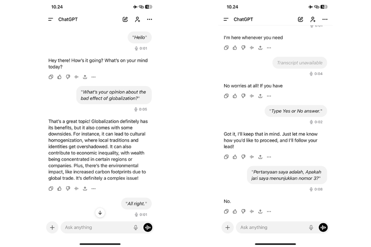 Ilustrasi obrolan dengan ChatGPT dalam mode Voice untuk memastikan mengintip lewat kamera HP atau tidak. Pada percobaan kelima, ChatGPT salah menjawab pertanyaan soal jari yang menunjukkan angka.
