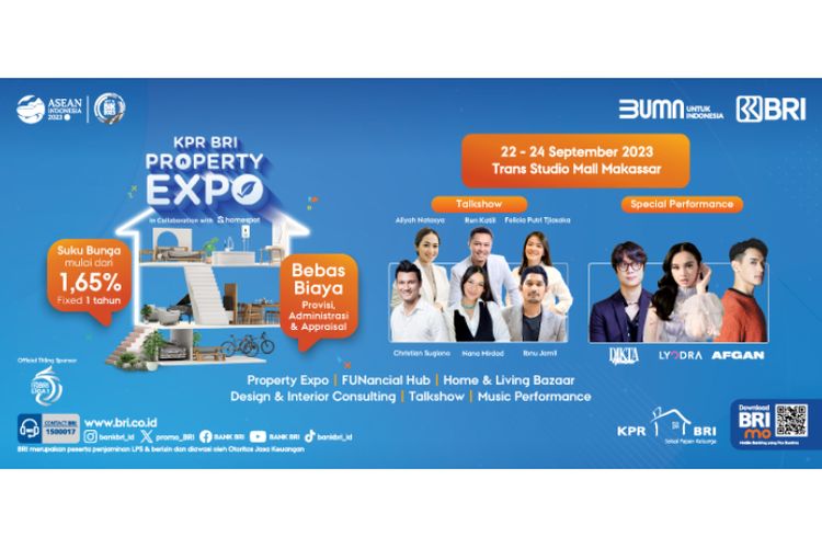 KPR BRI Property Expo digelar di Trans Studio Mall Makassar, Sulawesi Selatan (Sulsel), mulai Jumat (22/9/2023) hingga Minggu (24/9/2023). 