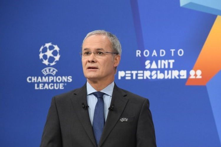 Hasil Drawing Liga Champions: Wakil Sekretaris Jenderal UEFA, Giorgio Marchetti, kala memandu drawing atau undian babak 16 besar Liga Champions 2021-2022 di Nyon, Swiss, 13 Desember 2021.