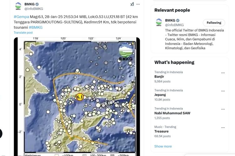 Gempa magnitudo 6,1 mengguncang Parigimoutong, Sulawesi Tengah (Sulteng), Selasa (28/1/2025) pukul 21.53 WIB. Gempa tersebut tak berpotensi tsunami.