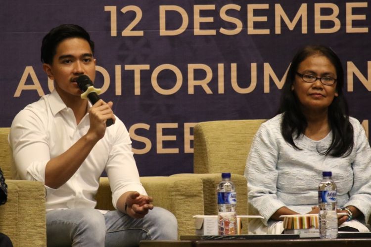 Putra bungsu Presiden Joko Widodo (Jokowi) Kaesang Pangarep menjadi salah satu pembicara dalam acara seminar nasional di Kampus UNS Solo, Jawa Tengah, Rabu (12/12/2018).