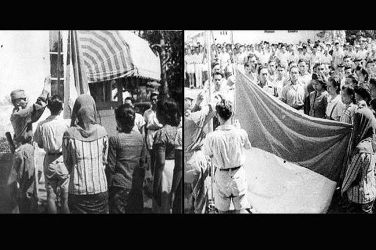 Foto karya Frans Mendur yang mengabadikan detik-detik proklamasi Indonesia di Jalan Pegangsaan Timur Nomor 56, Cikini, Jakarta, 17 Agustus 1945. Kiri, pengibaran bendera Merah Putih oleh Latief Hendraningrat, anggota PETA (Pembela Tanah Air). Kanan, suasana upacara dan para pemuda yang menyaksikan pengibaran bendera.