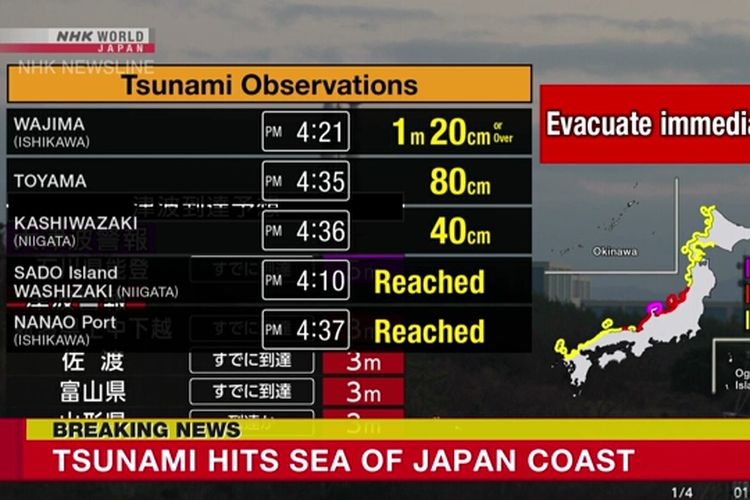 Informasi mengenai tsunami Jepang di Ishikawa setinggi 1,2 meter, Senin (1/1/2024).