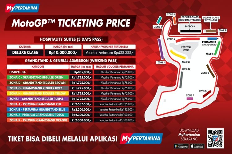 Pricelist e-ticket MotoGP 2022 seri Grand Prix of motoGP 2022 yang bisa didapatkan melalui aplikasi MyPertamina.