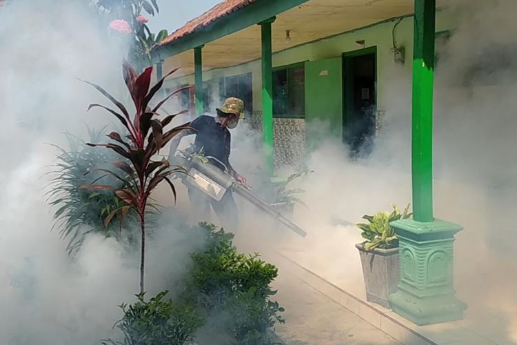 Fogging atau pengasapan dilakukan di Dusun Soko, Desa Pacarpeluk, Kecamatan Megaluh Kabupaten Jombang, Jawa Timur, Kamis (12/5/2023). Pengasapan itu dilakukan menyusul adanya puluhan warga yang mengeluhkan gejala terjangkit Chikungunya.