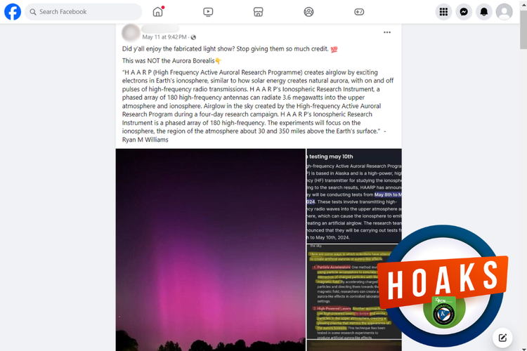Tangkapan layar konten hoaks di sebuah akun Facebook, Sabtu (11/5/2024), soal fenomena aurora buatan HAARP.