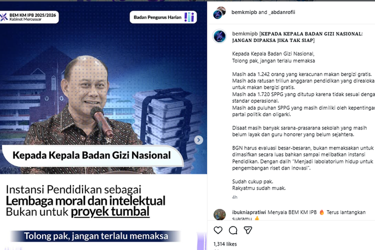Tolak Kampus Jadi Dapur MBG, Presma BEM IPB ke Ketua BGN: Jangan Terlalu Memaksa Pak