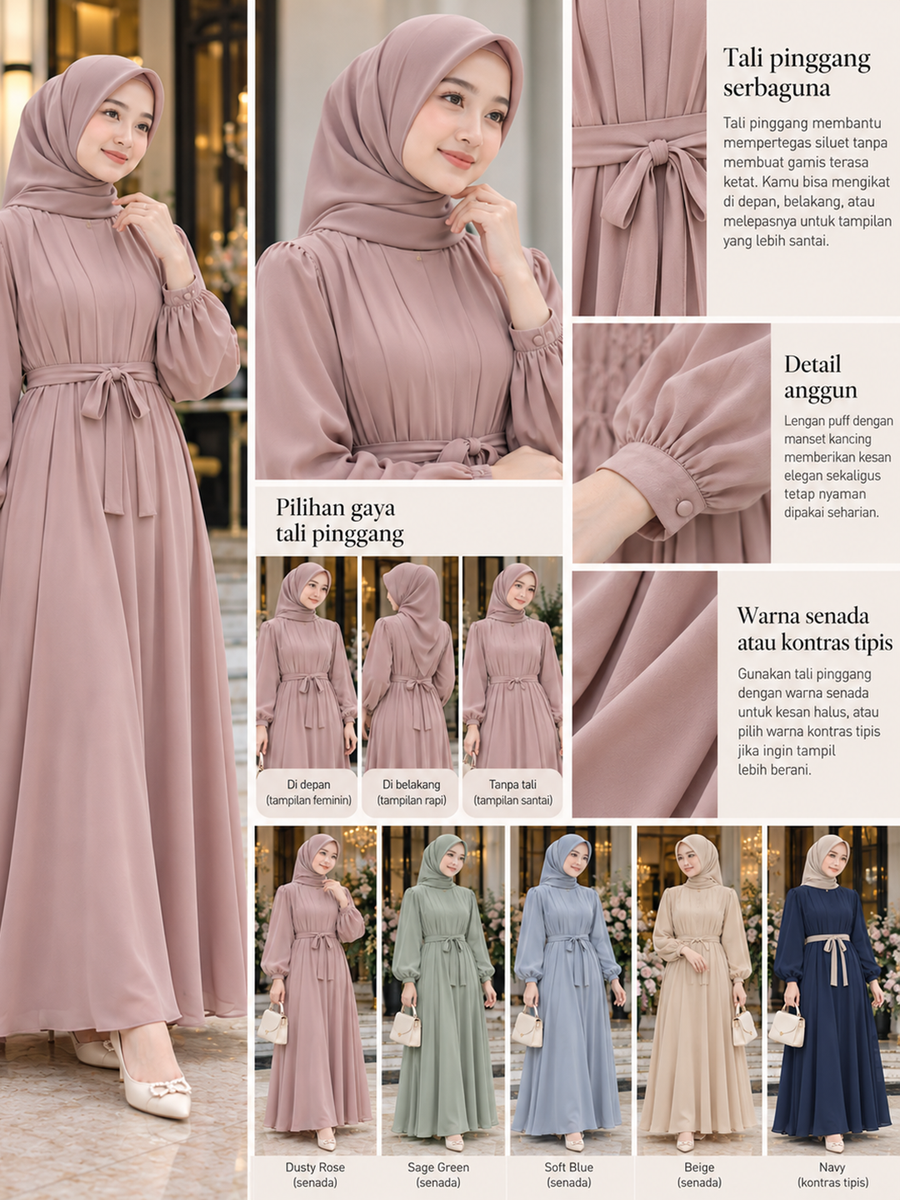 Gamis dengan Detail Tali Pinggang, Rapi dan Stylish