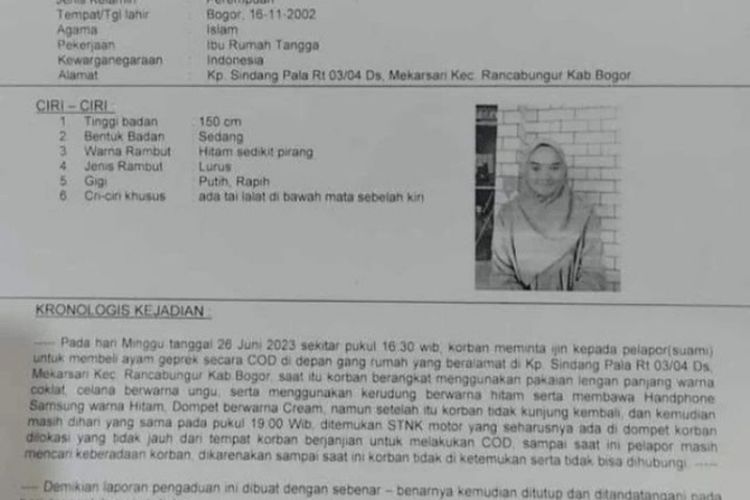 Laporan polisi hilangnya Anggi Anggreani.