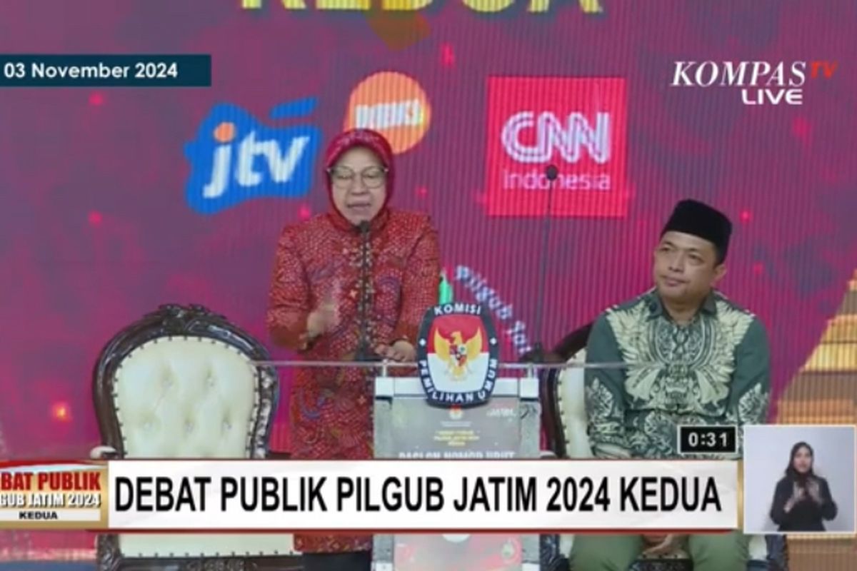 Cagub nomor urut 3, Tri Rismaharini, Minggu (3/11/2024).