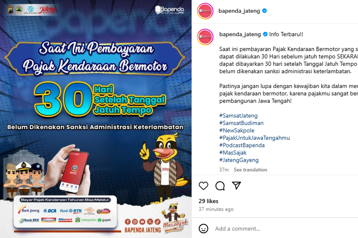 Bayar pajak kendaraan telat 30 hari di Jateng tidak kena denda.