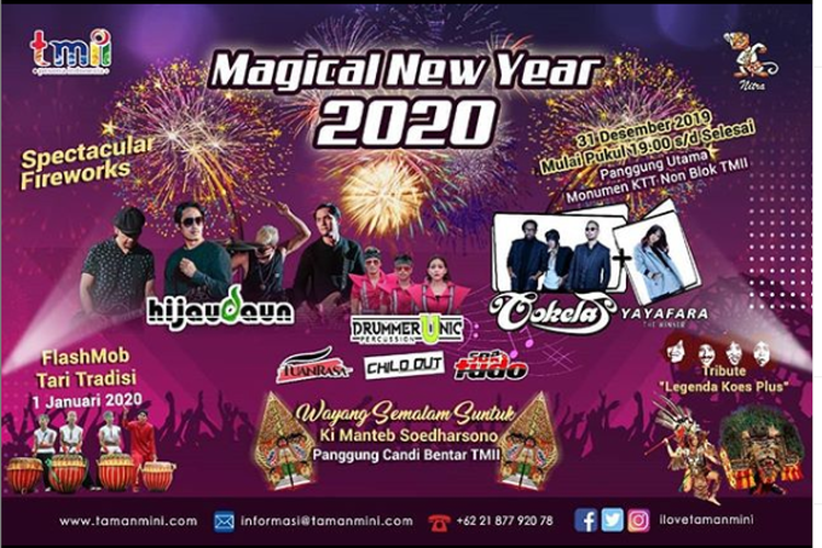Taman Mini Indonesia Indah (TMII) mengadakan pesta perayaan tahun baru dengan tema Magical New Year 2020 pada tanggal 31 Desember 2019